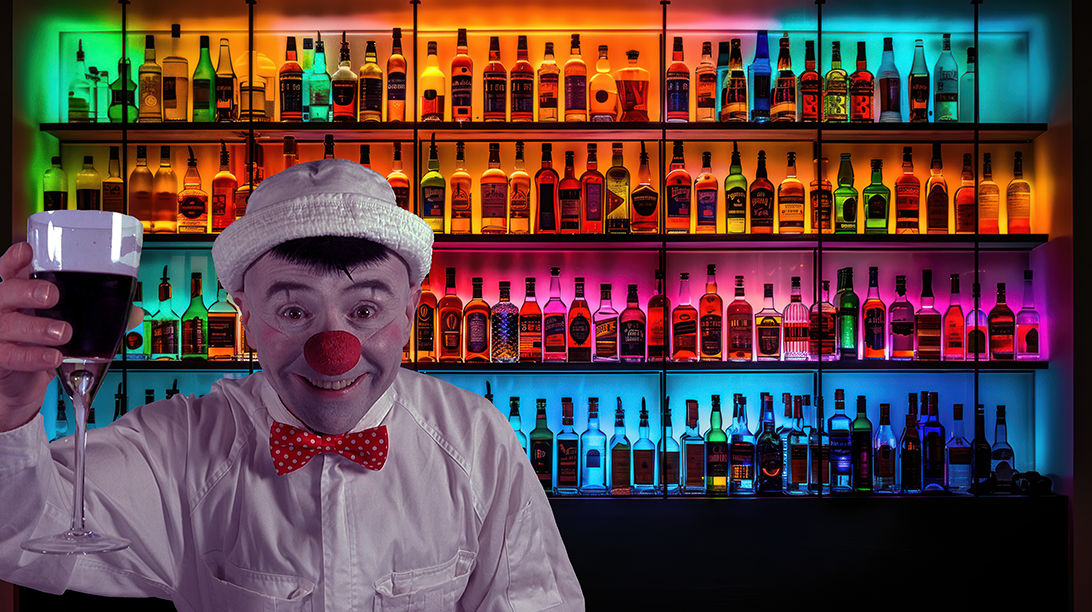 clown with drink at the bar